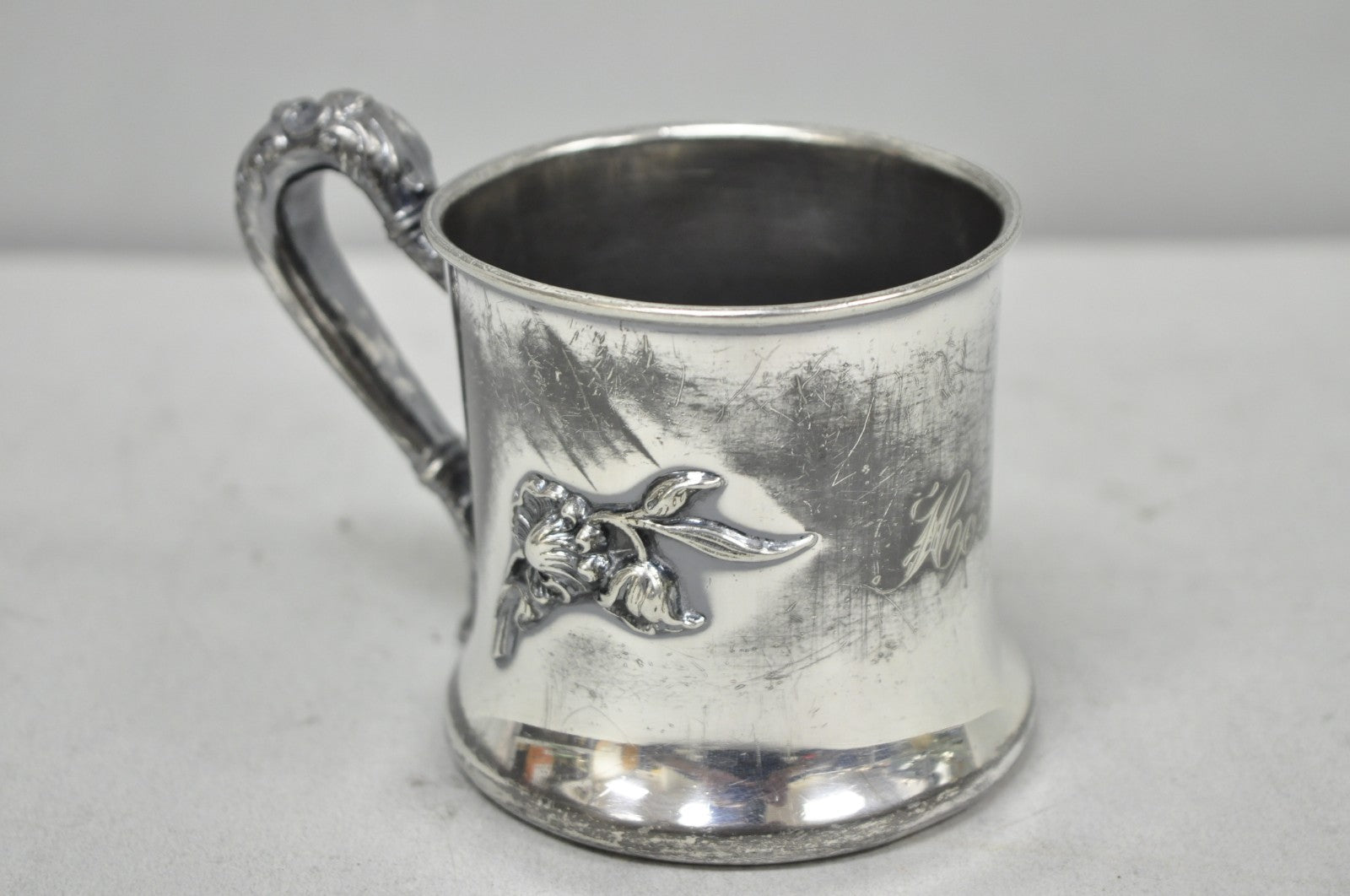 Antique Forbes Silver Co Art Nouveau Floral Monogramed Silver Plated Shaving Mug