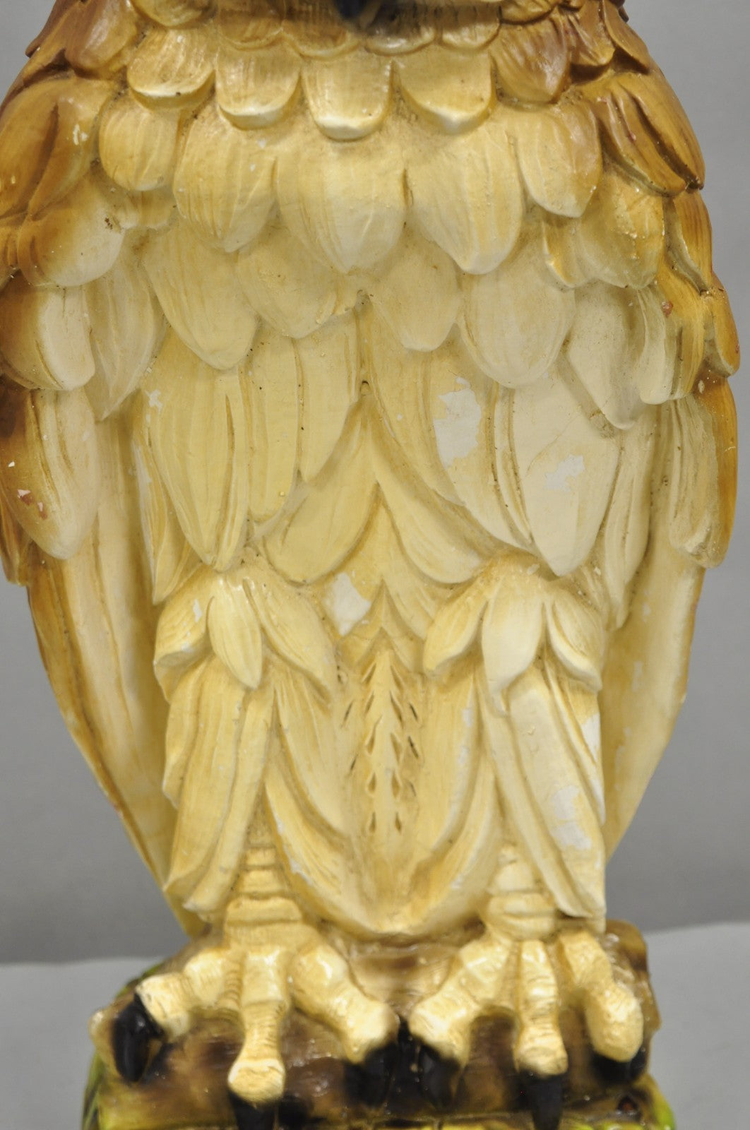 Vintage Mid Century Modern Large Chalkware Painted Owl Sculpture Table Lamp