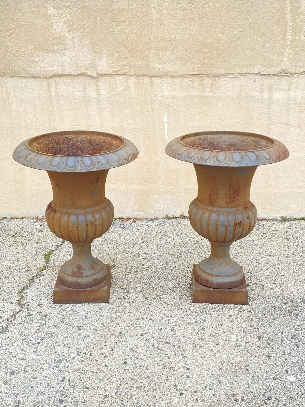 Vintage French Empire Style Large 30" Cast Iron Urn Form Garden Planters - Pair