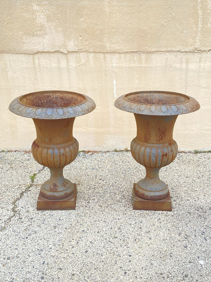 Vintage French Empire Style Large 30" Cast Iron Urn Form Garden Planters - Pair
