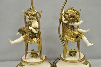 Juan Clara "Girl on Chair Playing with Kittens" Metal Figural Table Lamps - Pair