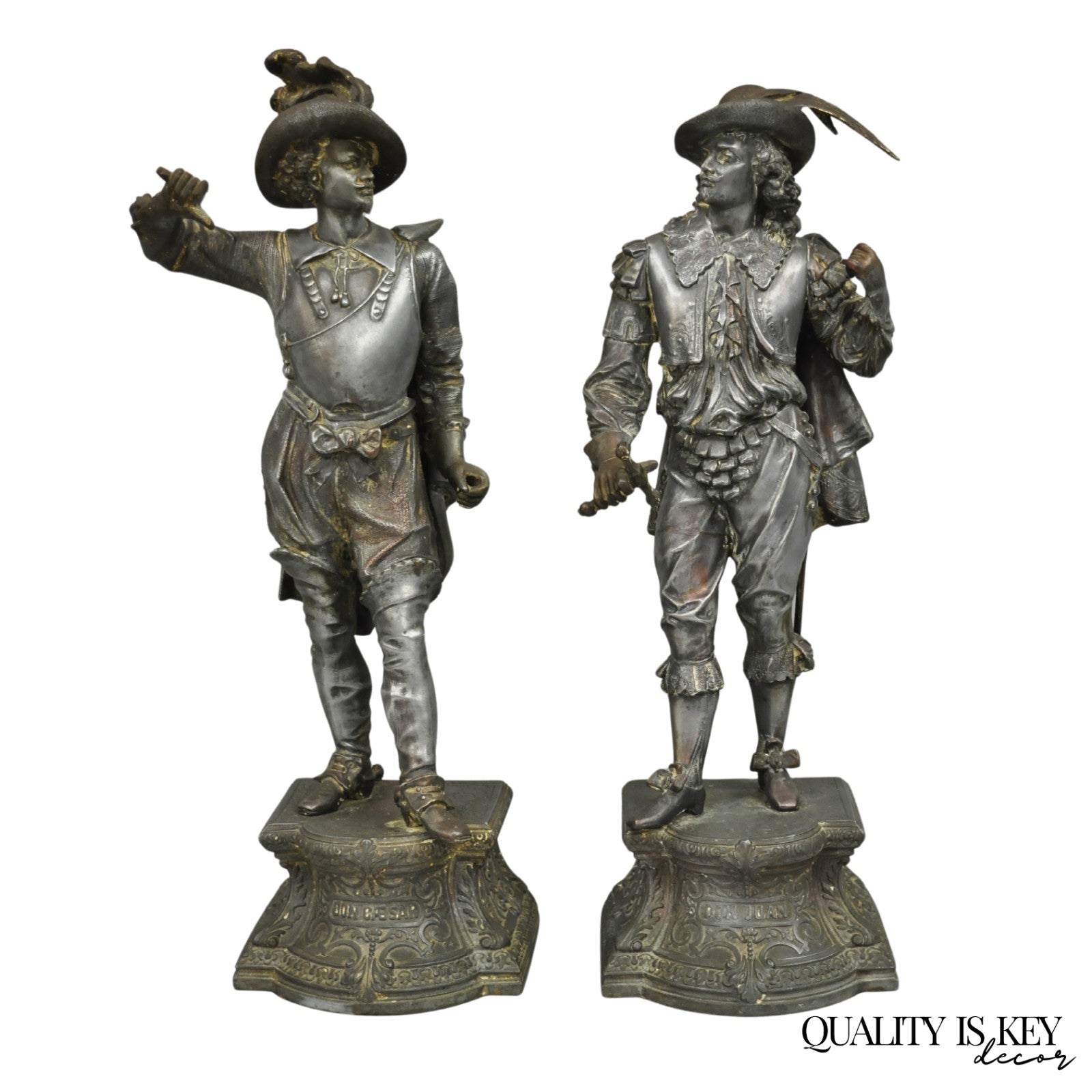 Antique French Renaissance Don Juan & Don Cesar Spelter Metal Sculptures 2 Pcs