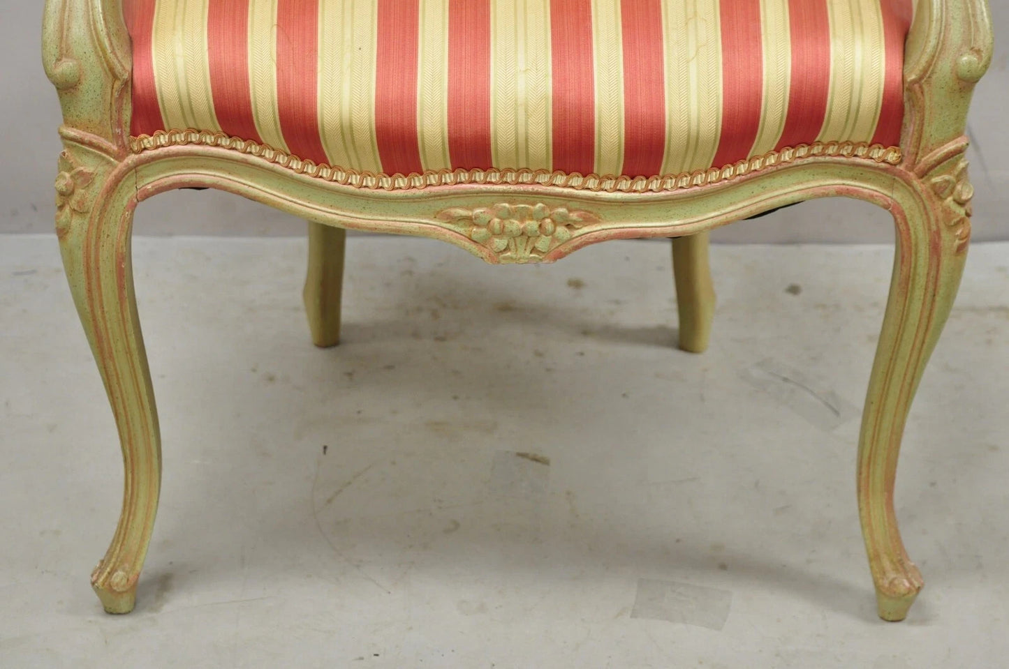 Vintage French Louis XV Style Green & Pink Painted Arm Chair w/ Striped Fabric