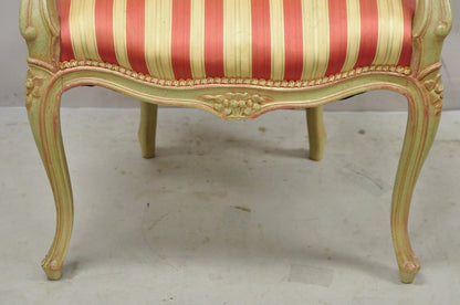 Vintage French Louis XV Style Green & Pink Painted Arm Chair w/ Striped Fabric