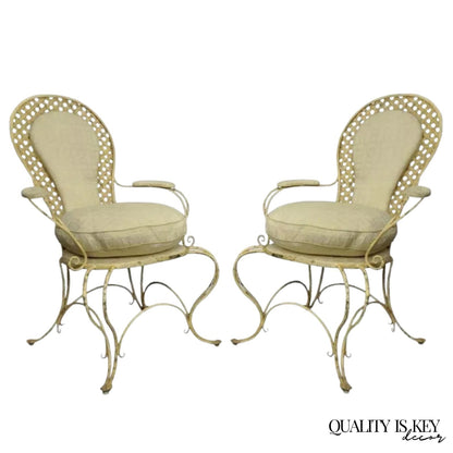 Vintage French Country Wrought Iron Lattice Scrolling Arm Chairs (B) - Pair