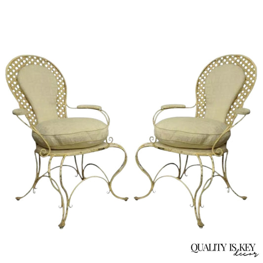 Vintage French Country Wrought Iron Lattice Scrolling Arm Chairs (B) - Pair