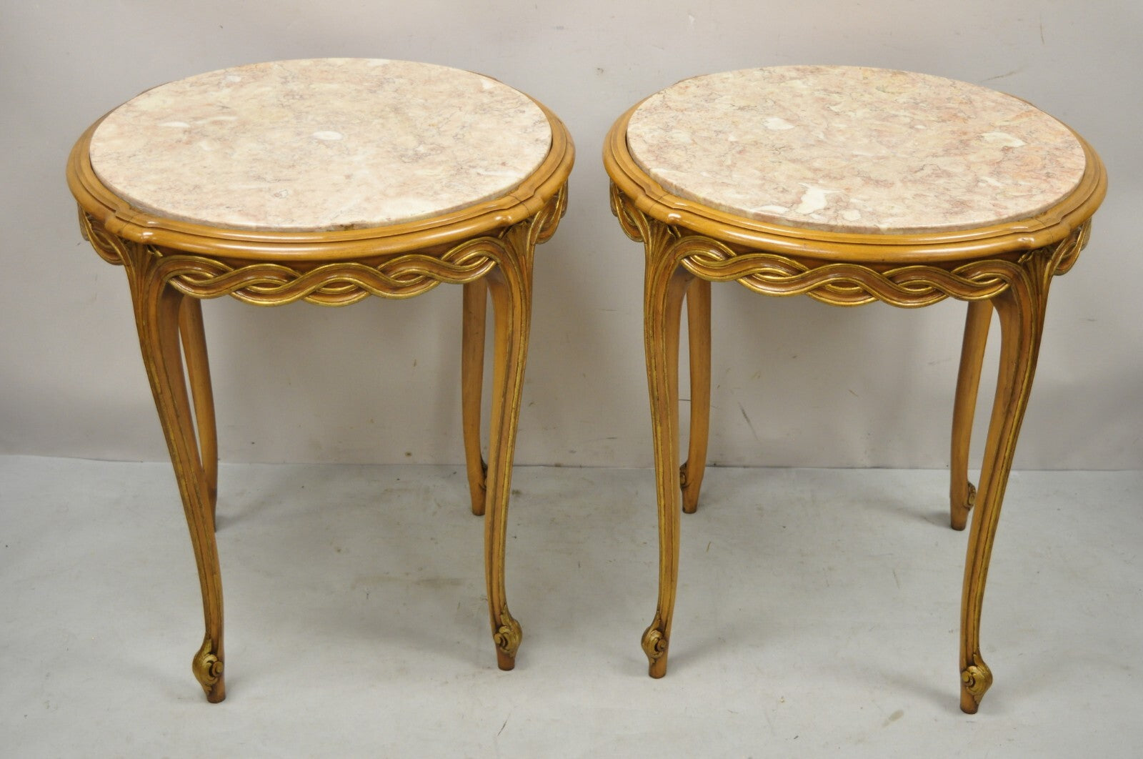 French Provincial Hollywood Regency Round Pink Marble Top Side Tables - a Pair