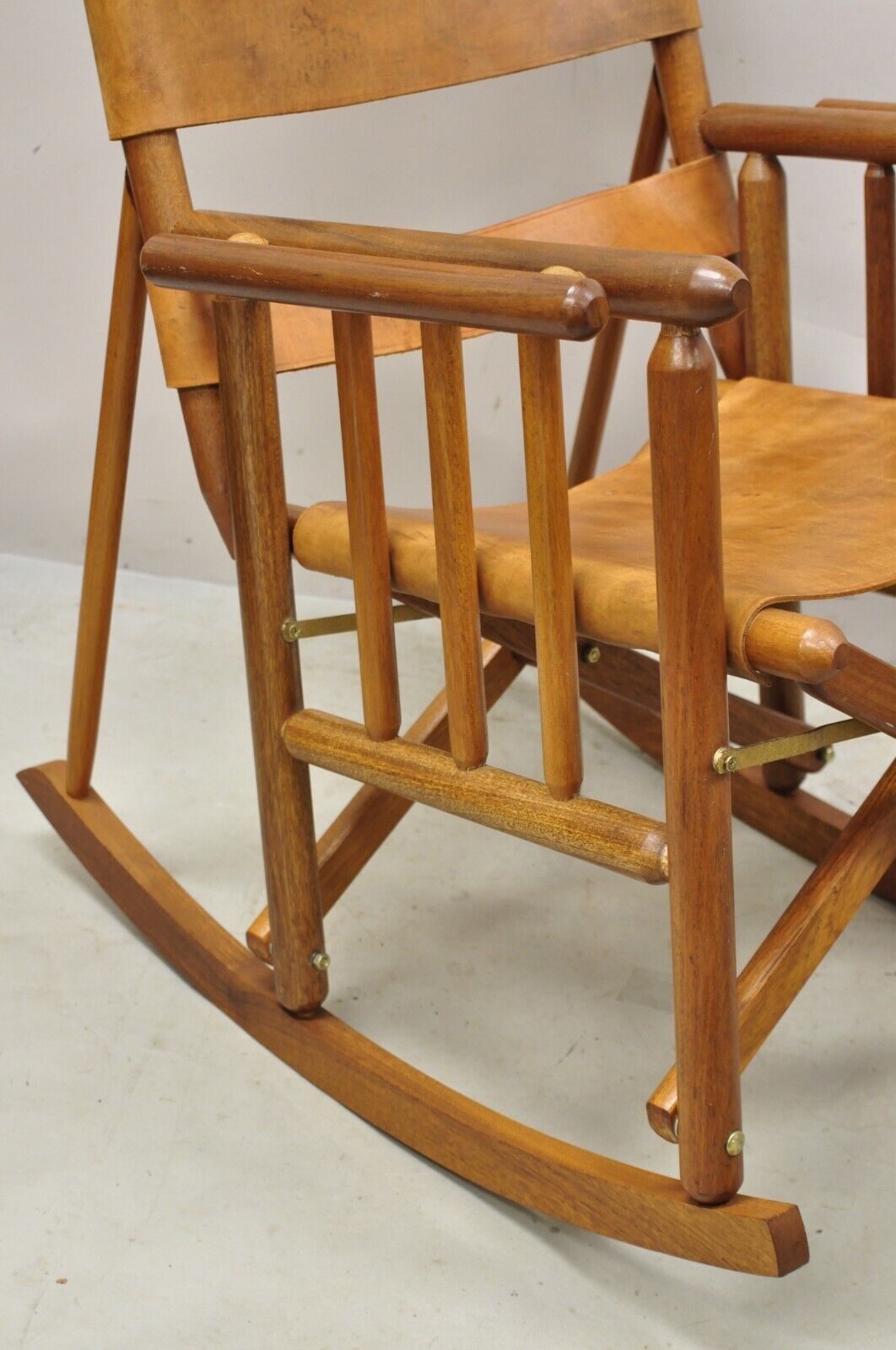 Costa Rican Campaign Style Teak Brown Leather Folding Rocker Rocking Chair