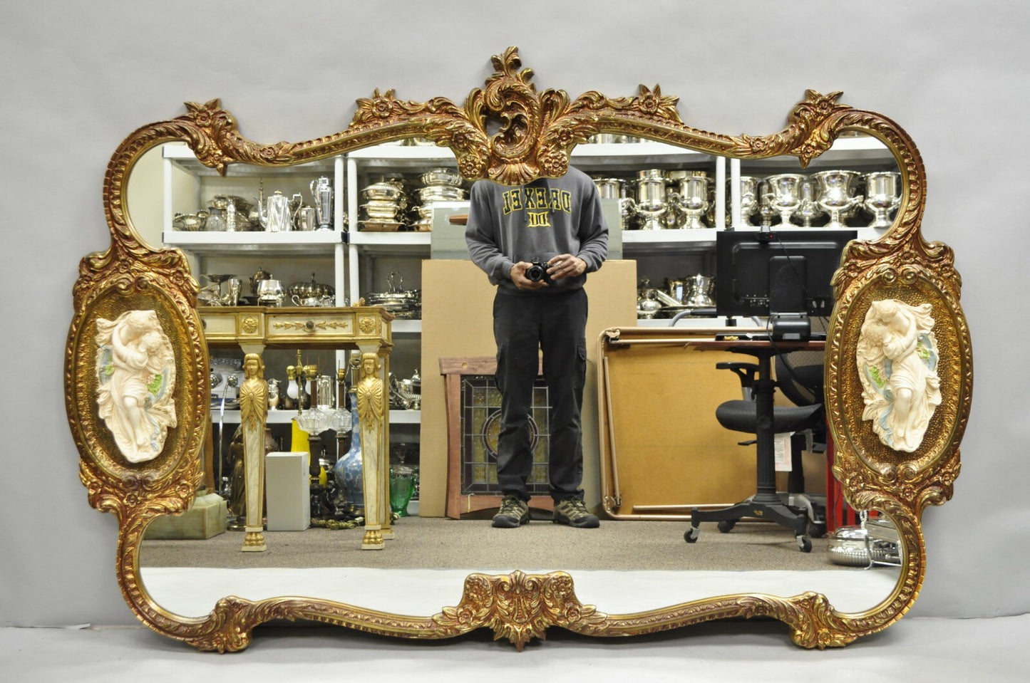 Vintage French Rococo Large Gold Wall Mirror with Bisque Figural Lovers Plaques