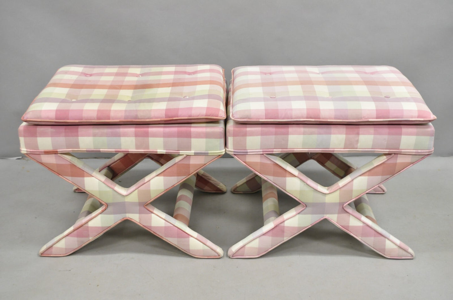 Vintage French Country Pink Plaid Hollywood Regency X-Stool Curule Bench Pair