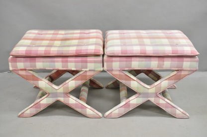 Vintage French Country Pink Plaid Hollywood Regency X-Stool Curule Bench Pair