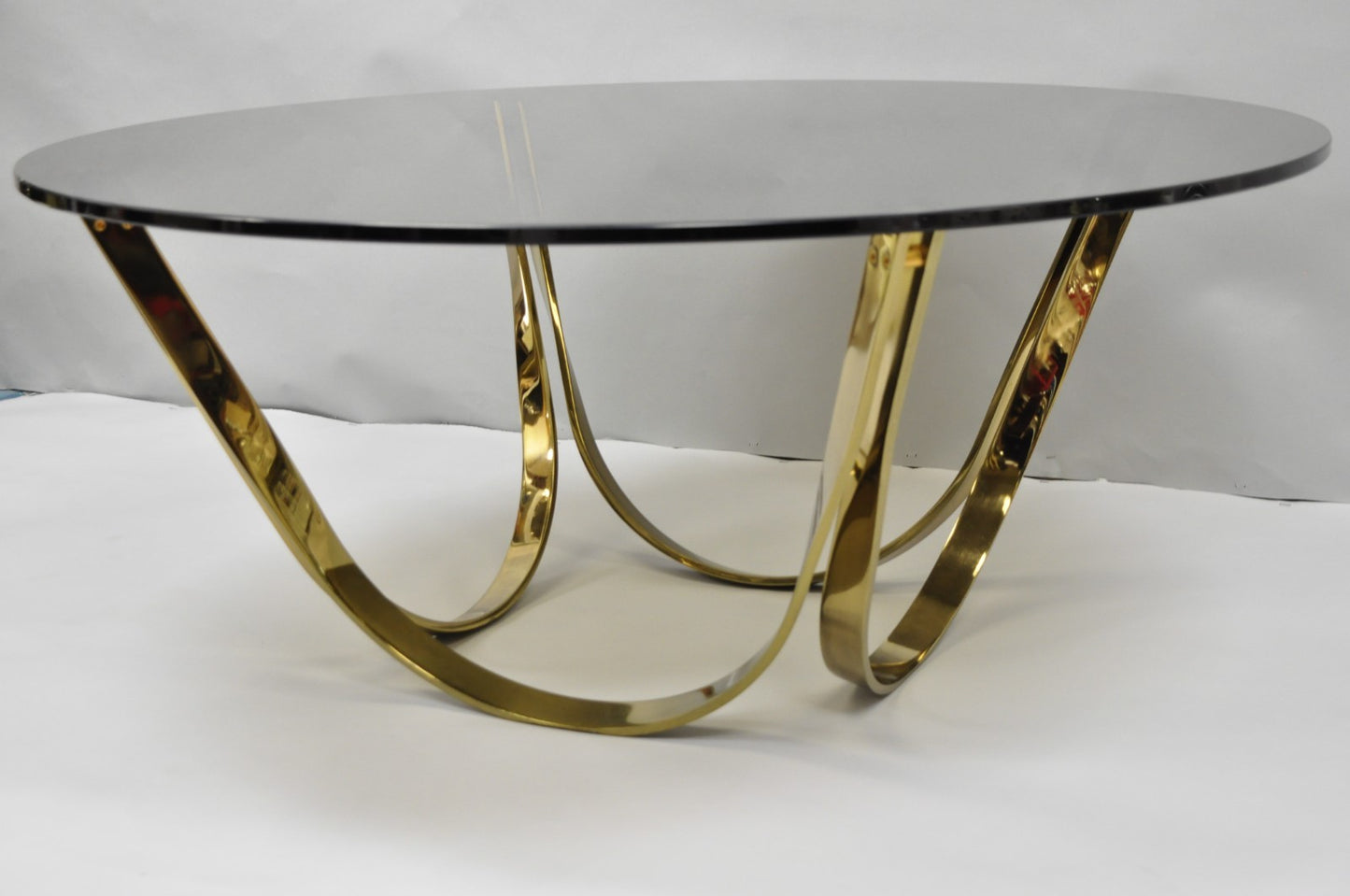 Tri-Mark Mid Century Modern Brass Plated Steel Smoked Glass Arch Coffee Table