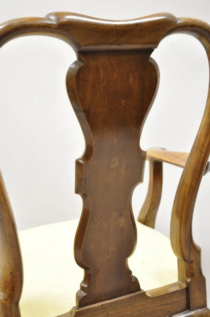 Antique 19th C English Queen Anne Carved Burr Walnut Splat Back Dining Arm Chair