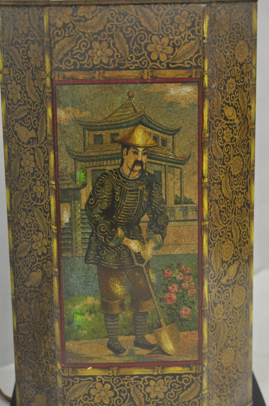 Vintage Chapman Oriental English Metal Tea Canister Figural Painted Table Lamp