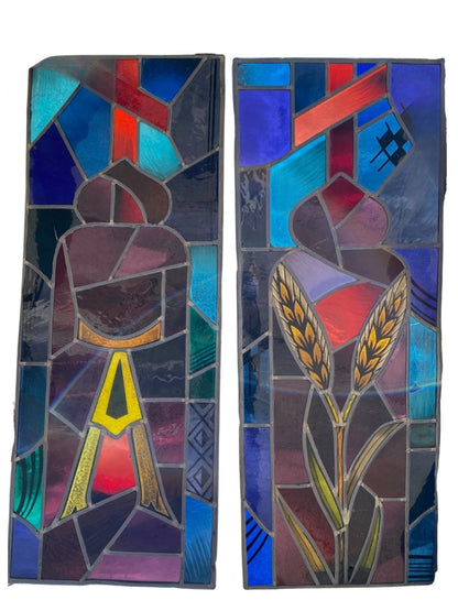 Vintage Art Deco Blue & Red Leaded Stained Glass Church Window w/ Cross - 6 Pcs