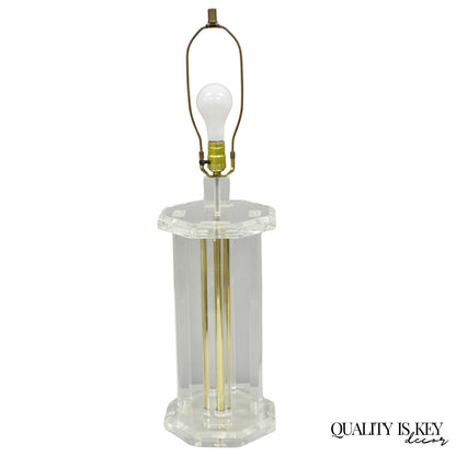 Vintage Mid Century Modern Clear Lucite & Brass Sculptural Modernist Table Lamp