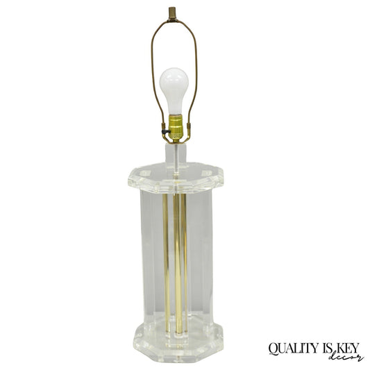 Vintage Mid Century Modern Clear Lucite & Brass Sculptural Modernist Table Lamp