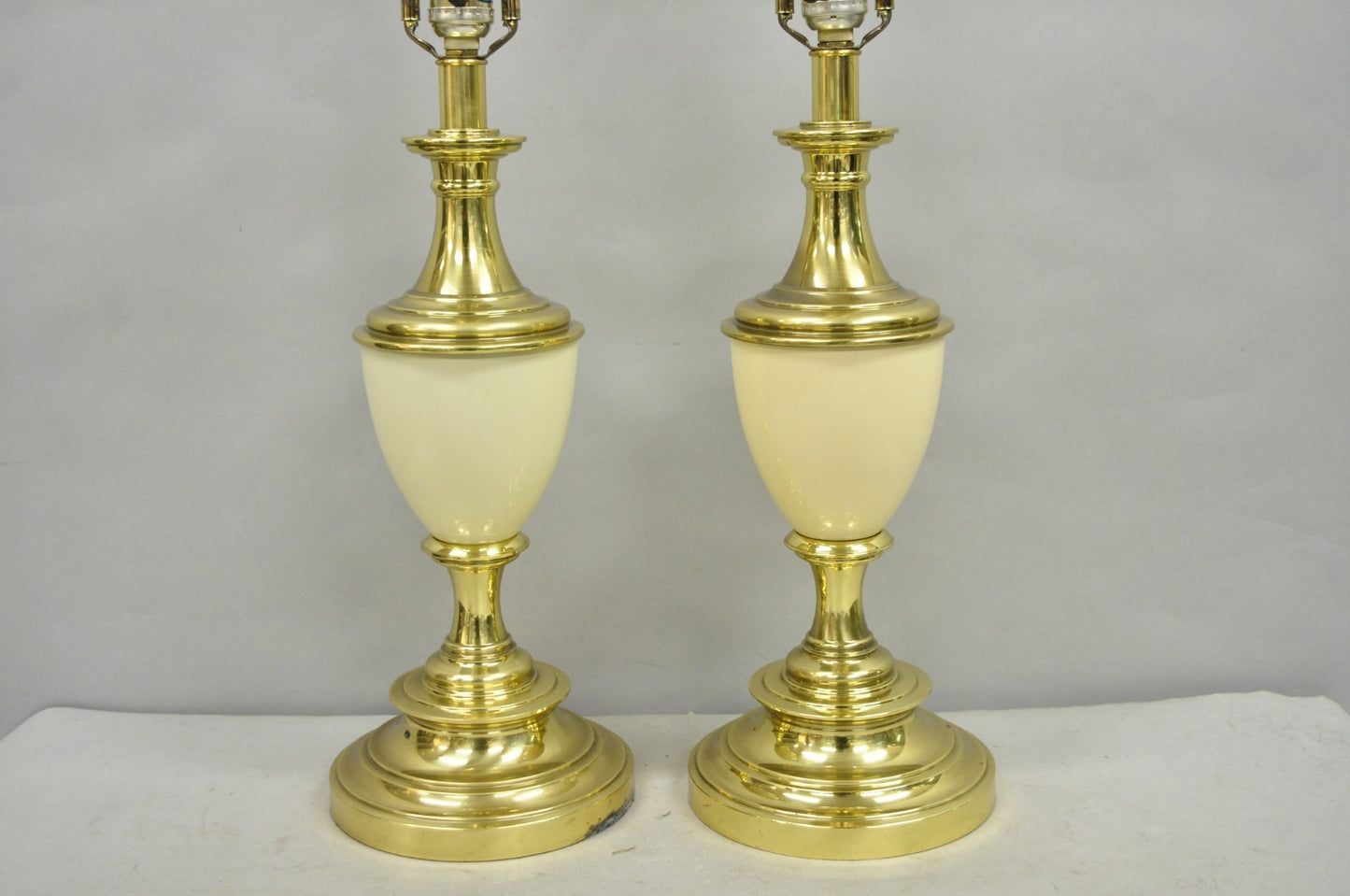 Vintage Stiffel Hollywood Regency Cream Enamel Brass Urn Table Lamps - a Pair