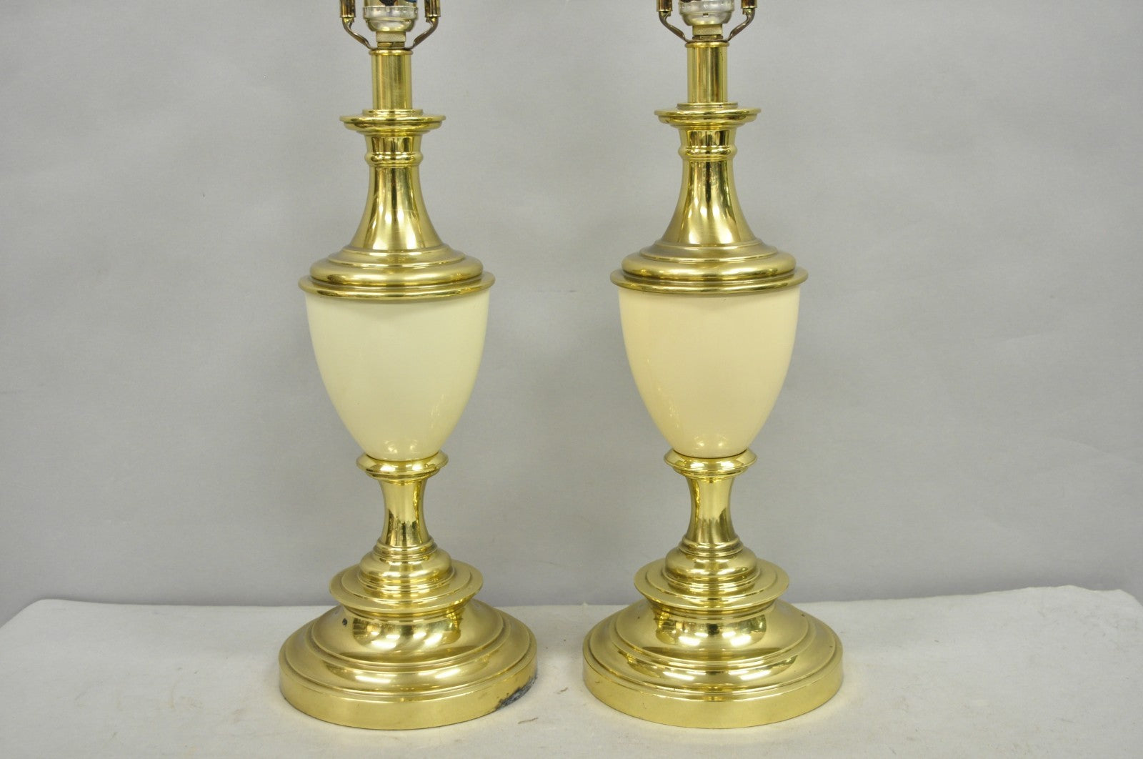 Vintage Stiffel Hollywood Regency Cream Enamel Brass Urn Table Lamps - a Pair