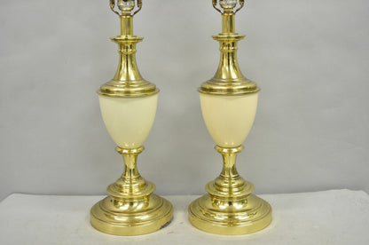 Vintage Stiffel Hollywood Regency Cream Enamel Brass Urn Table Lamps - a Pair