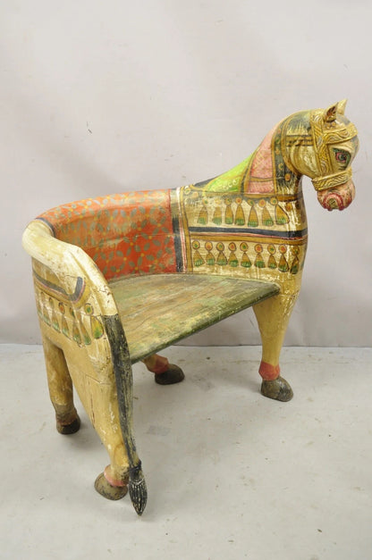 Vintage Figural Primitive Solid Carved Wood Red & Green Horse Bench Seat Chair