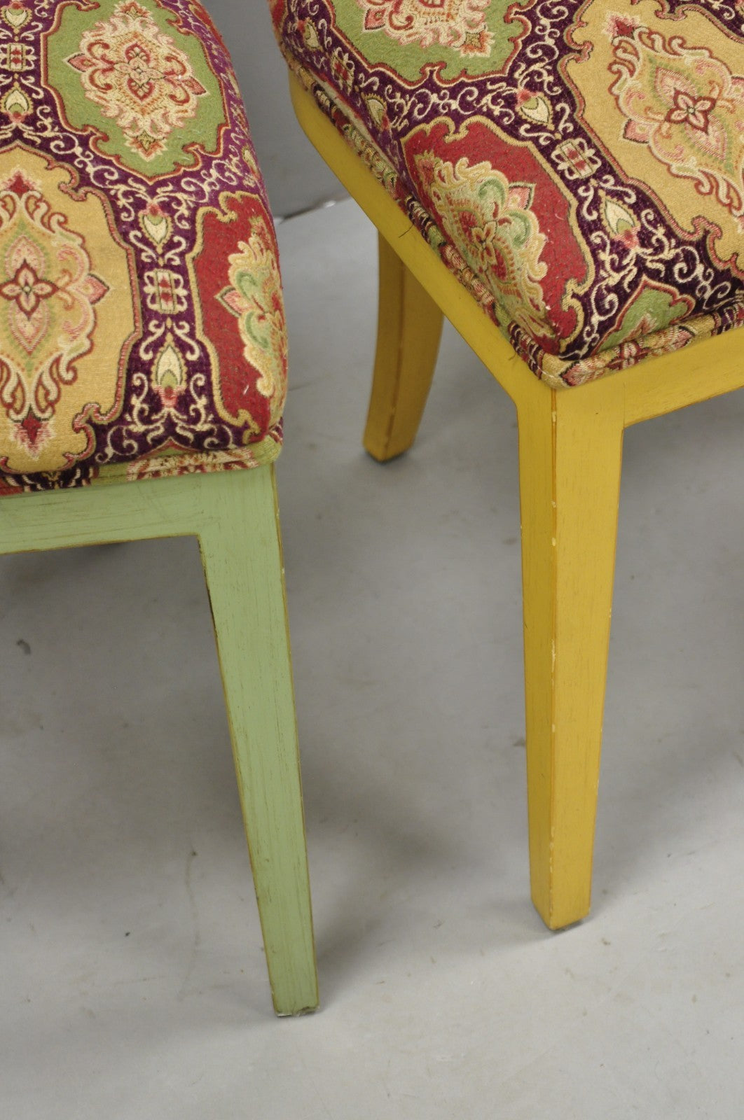Contemporary Regency Style Red Green Yellow Scroll Back Dining Chairs - Set of 8