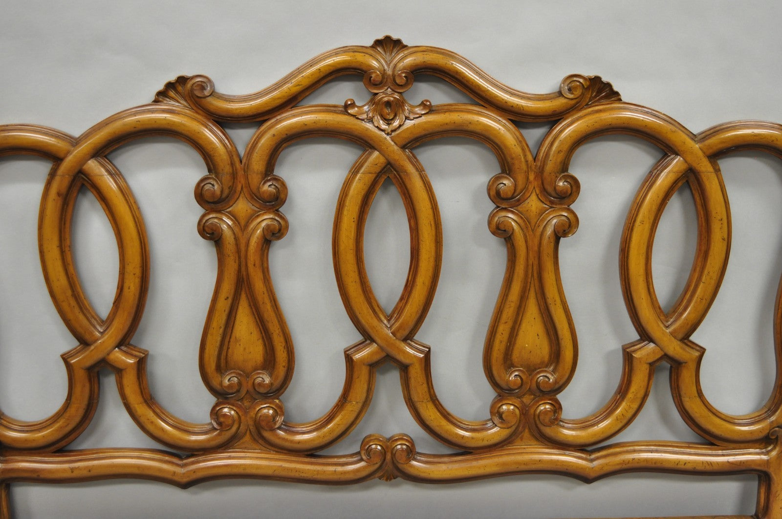 French Country Provincial Carved Fruitwood Walnut Scrolling Queen Bed Headboard