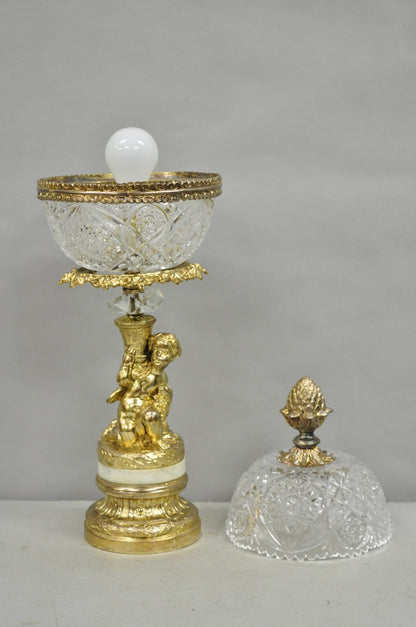 Vintage French Hollywood Regency Gold Cherub Crystal Glass Globe Table Lamp