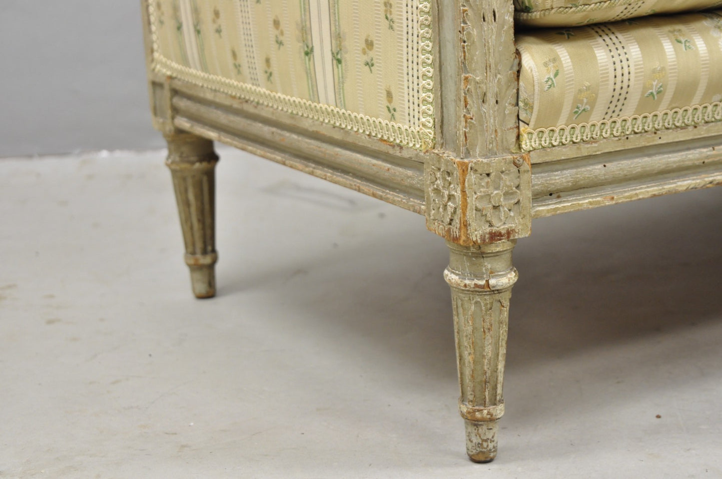 Antique French Louis XVI Style Cream Distress Painted Petite Canape Settee Sofa