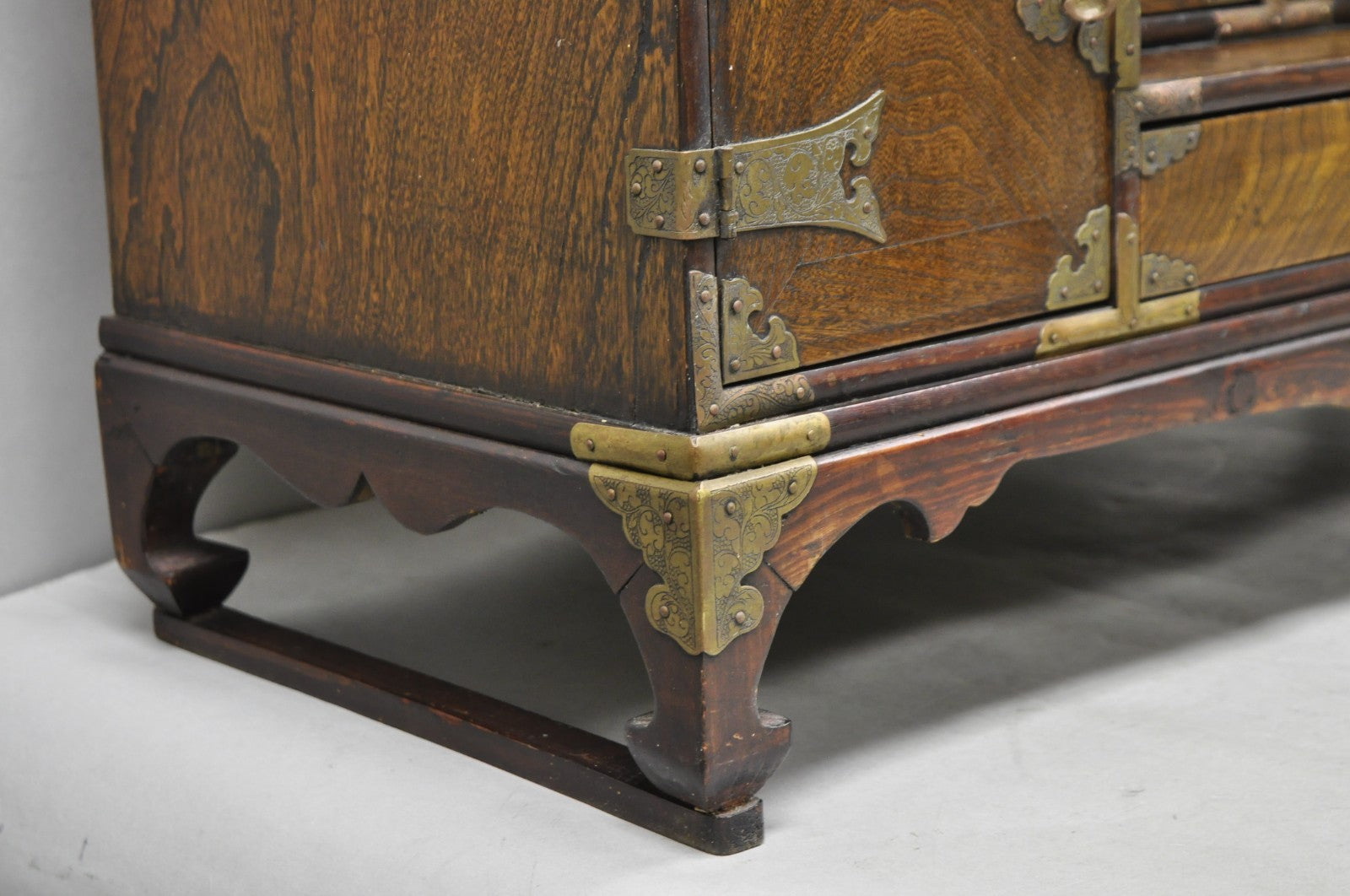 Antique Japanese Wood & Brass Small Low Kyodai Vanity Dressing Table with Mirror