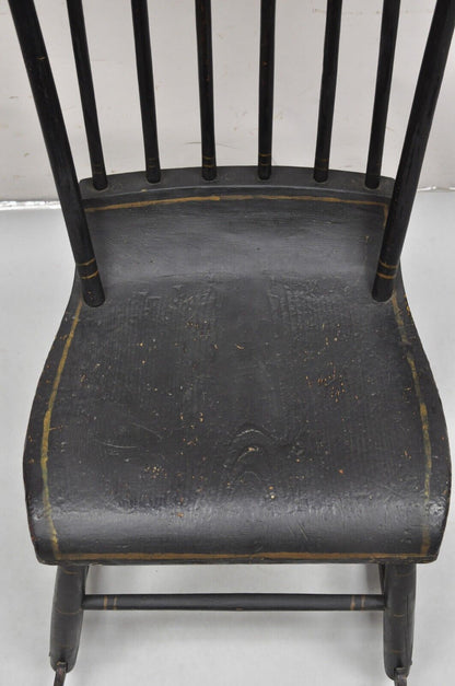 Antique Colonial Stencil Back Black Painted Plank Bottom Rocker Rocking Chair