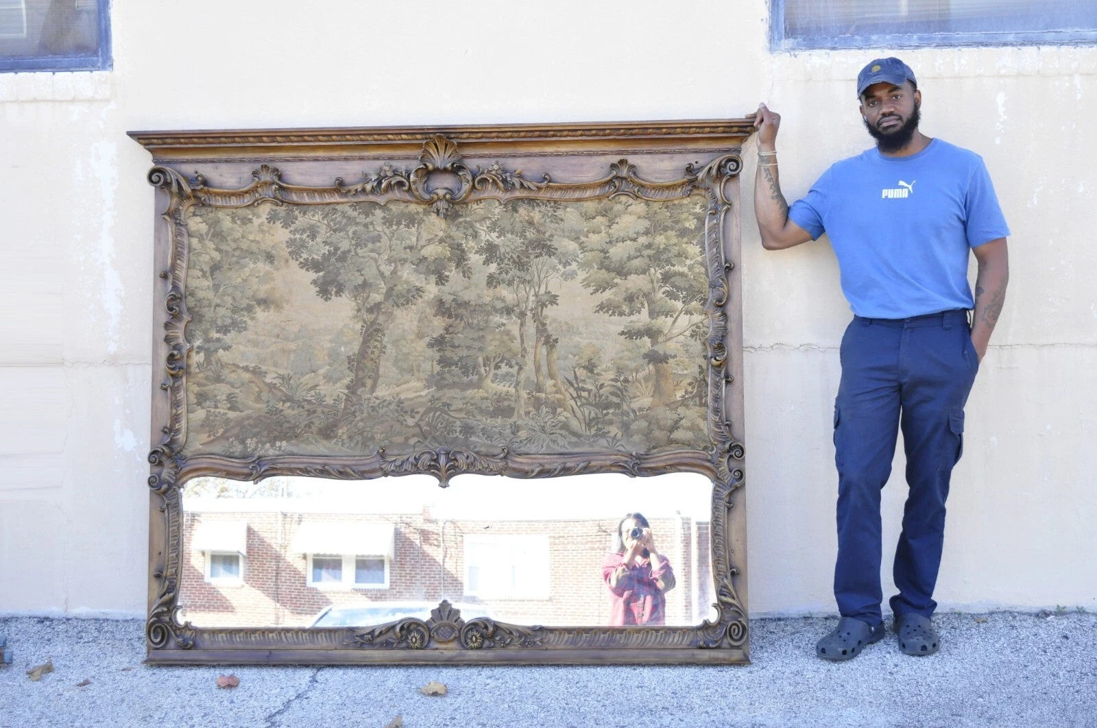 Antique French Tapestry Louis XV Rococo Carved Wood Overmantle Trumeau Mirror