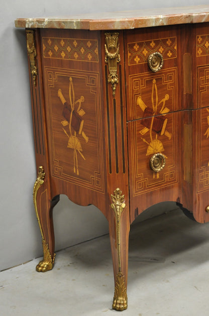 Vintage French Louis XV Style Marquetry Inlay Marble Top Commode Dresser Chest