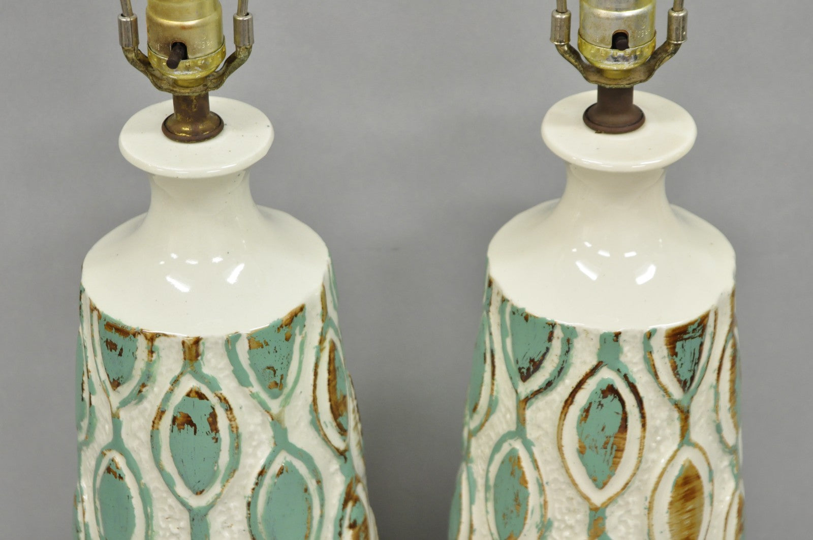 Vintage Mid Century Modern Turquoise Blue White Ceramic Pottery Table Lamp Pair