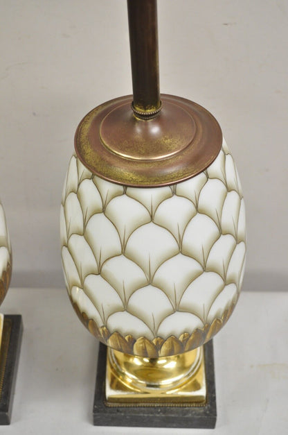 Vintage Italian Hollywood Regency Hand Painted Glass Pineapple Table Lamp - Pair