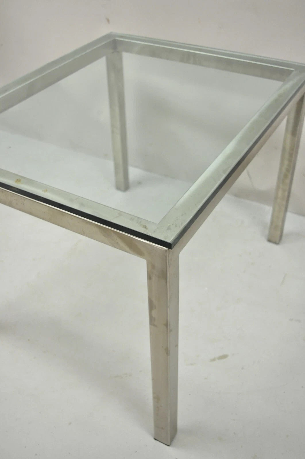 Mid Century Modern Brushed Metal Glass Top Milo Baughman Style Side Table