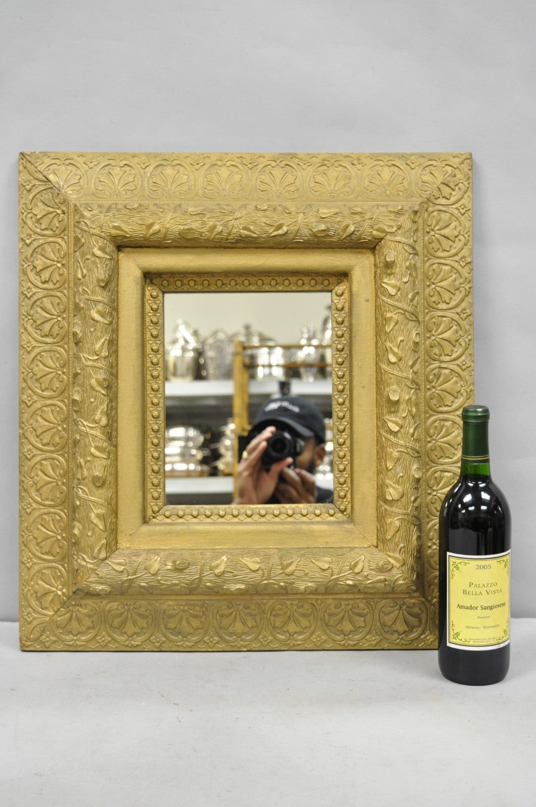 Antique Victorian Gold Giltwood Gesso Leaf Vine Small Black Forrest Wall Mirror