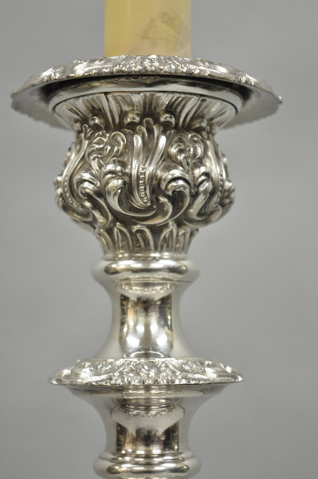 Antique English Victorian Silver Plated Scroll Repousse Candlestick Table Lamp
