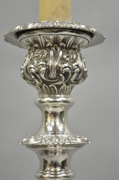 Antique English Victorian Silver Plated Scroll Repousse Candlestick Table Lamp