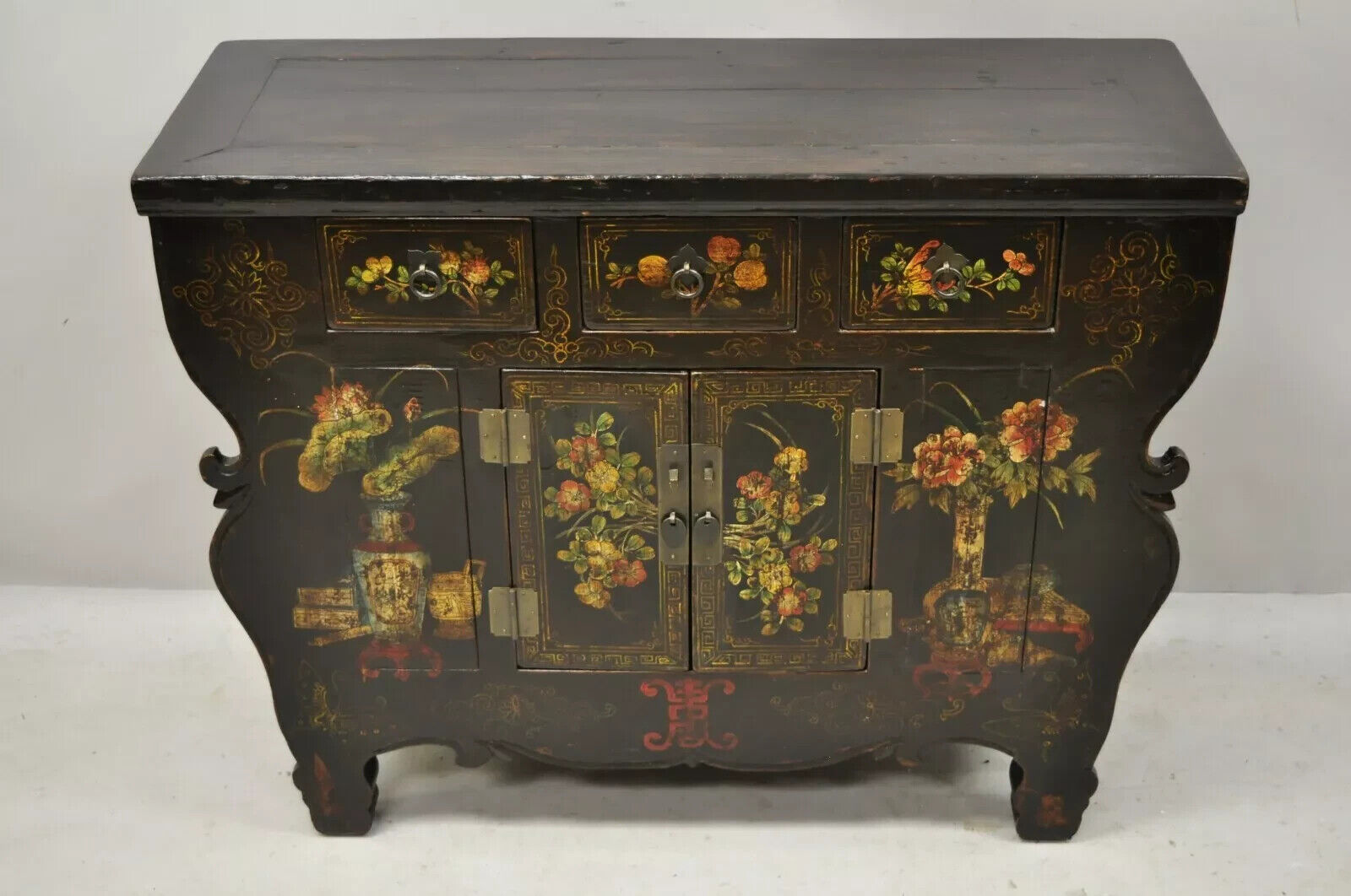 Korean Black Hand Painted Altar Style Sideboard Cabinet Console Table Credenza