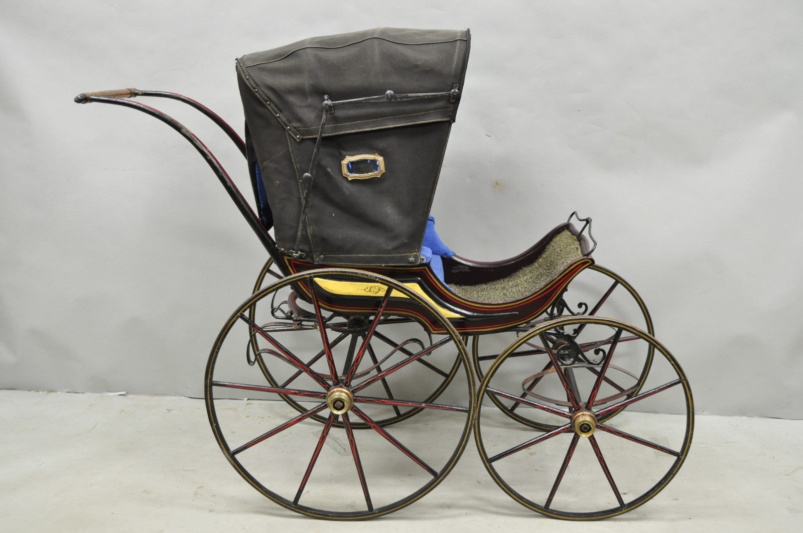 Antique Victorian Hand Painted Baby Carriage Buggy Stroller with Wooden Wheels