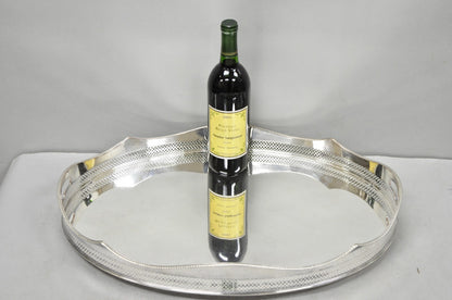 Antique English Edwardian Silver Plated Scalloped Oval Butlers Serving Bar Tray