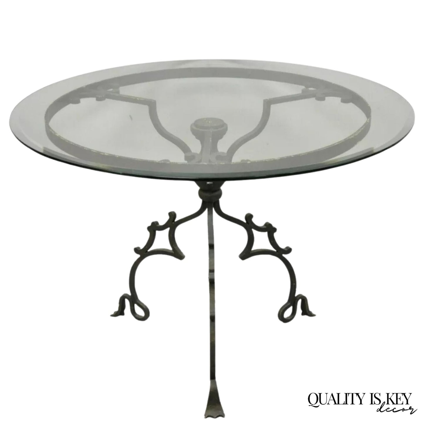 Vintage Gothic Style Wrought Iron Scrolling Base Round Glass Top Center Table