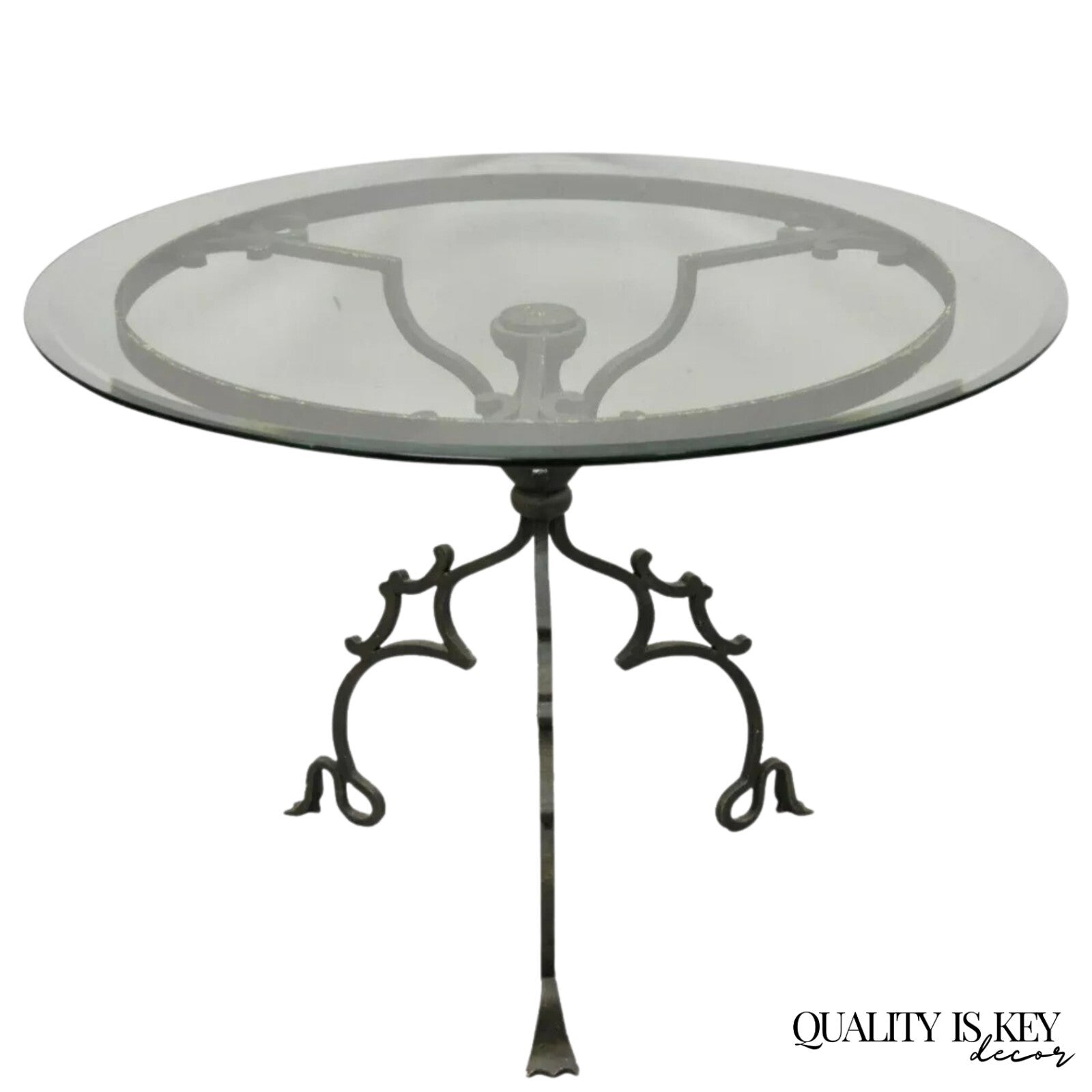 Vintage Gothic Style Wrought Iron Scrolling Base Round Glass Top Center Table