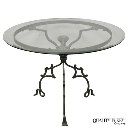 Vintage Gothic Style Wrought Iron Scrolling Base Round Glass Top Center Table