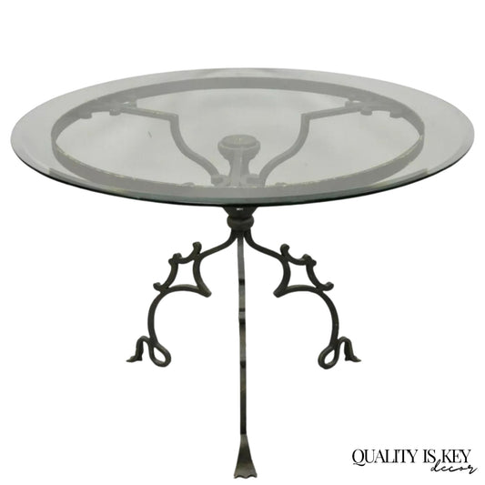 Vintage Gothic Style Wrought Iron Scrolling Base Round Glass Top Center Table