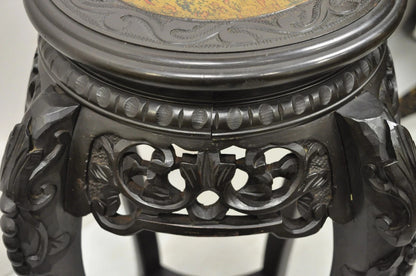 Japanese Carved Wood Black Ebonized 29" Lacquer Top Plant Stand Side Table