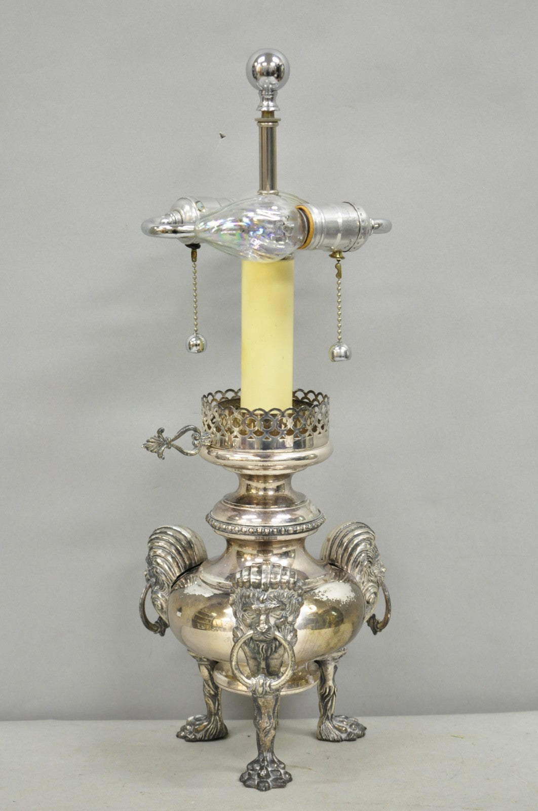 Antique English Regency Silver Plated Converted Oil Lamp Lion Mounted Table Lamp