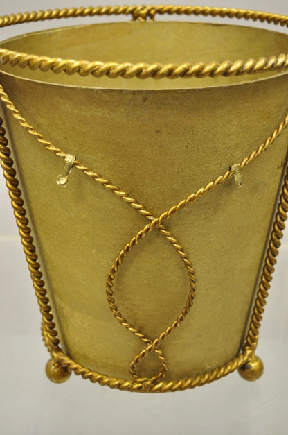 Vintage Italian Hollywood Regency Gold Gilt Iron Tole Wastebasket Trashcan
