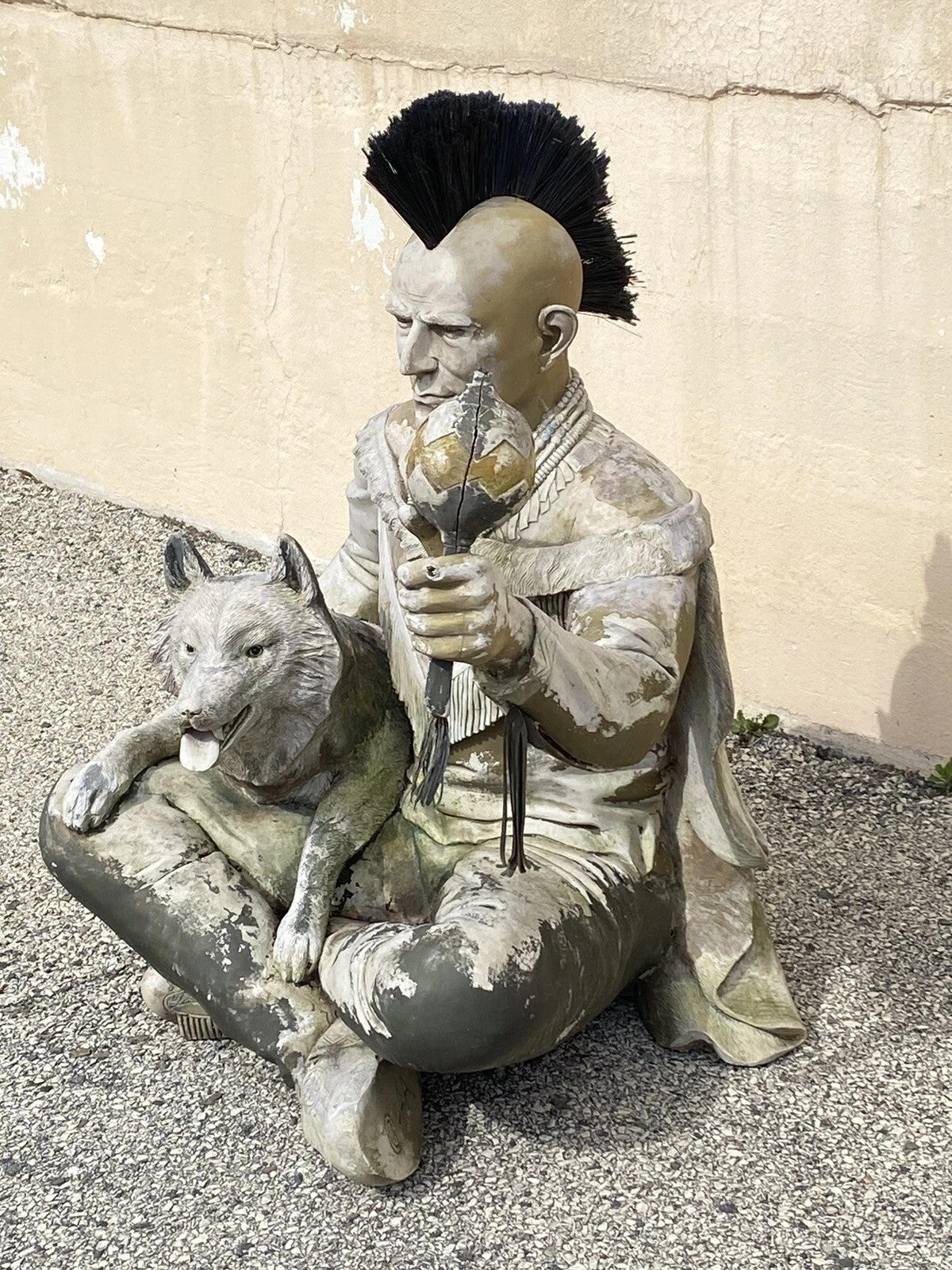 Vintage Life Size Native American Indian Fiberglass Seated Chief and Wolf Statue